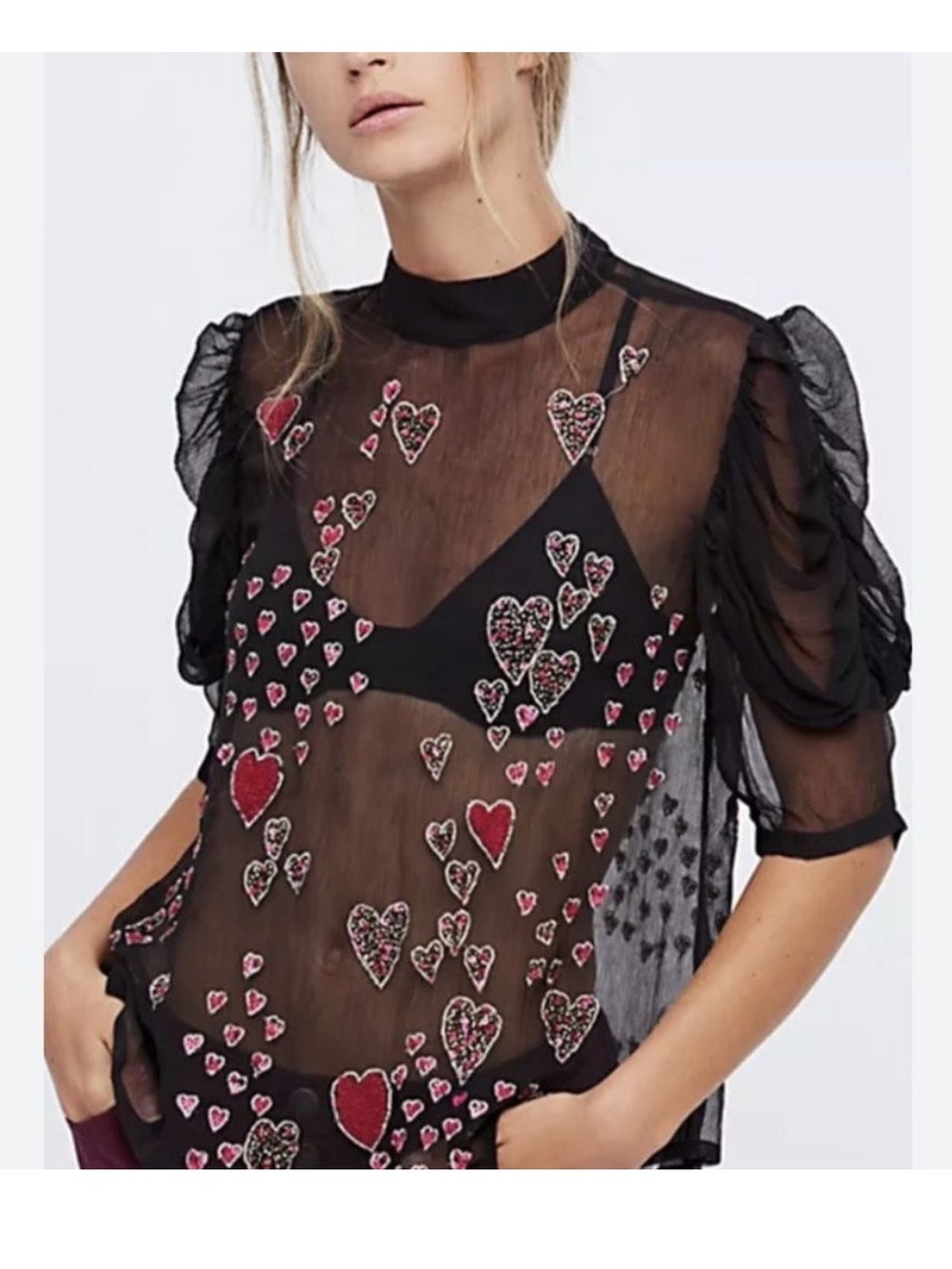 Free People “So in Love” Embroidered Heart Beaded Sheer Blouse Vintage 30s Style